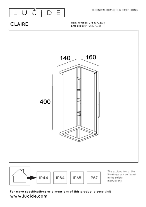 Lucide CLAIRE - Wandlamp Binnen/Buiten - 2xE27 - IP54 - Wit - technisch